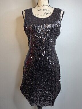 ​EXPRESS Black Sequined Low Back Mini Dress Sz L Bodycon Glam Party Night Out